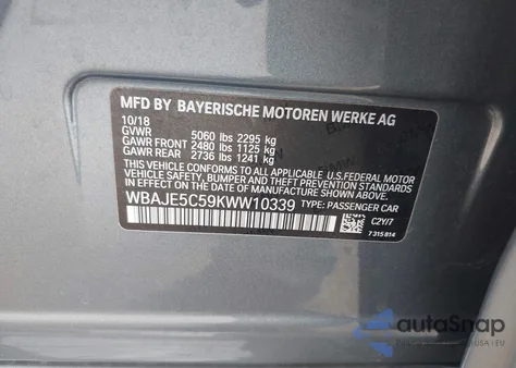 2019 BMW 540I from USA, damaged, VIN WBAJE5C59KWW10339
